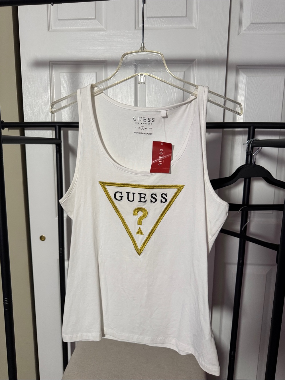 GUESS White Tank Top with Gold Triangle Logo